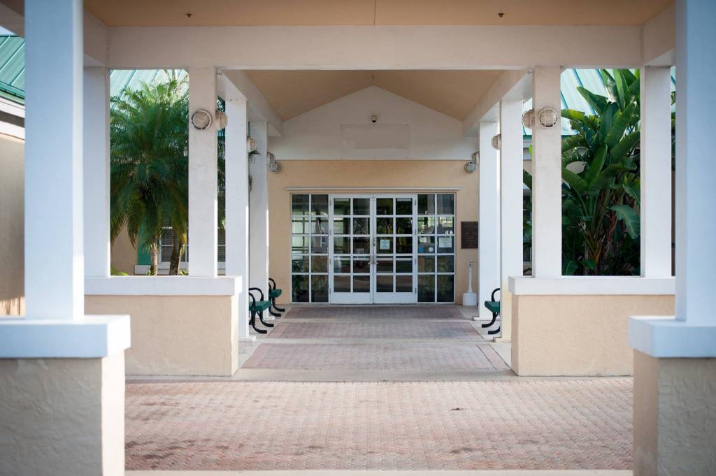 Outdoor entrance to golf course clubhouse
