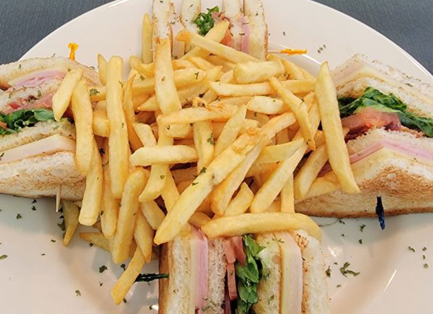 Plated sandwich with French fries