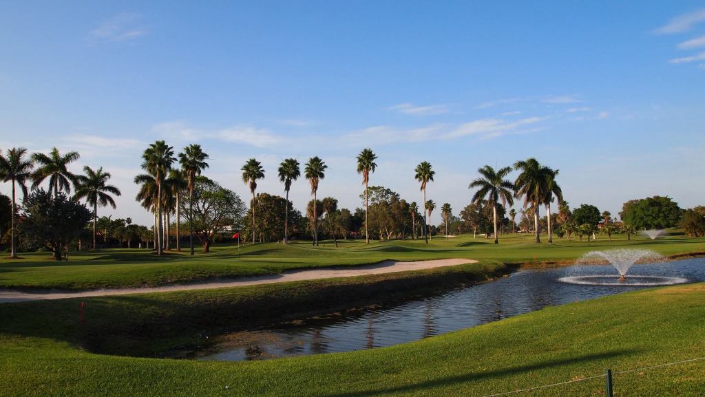 Fountain on golf course with path